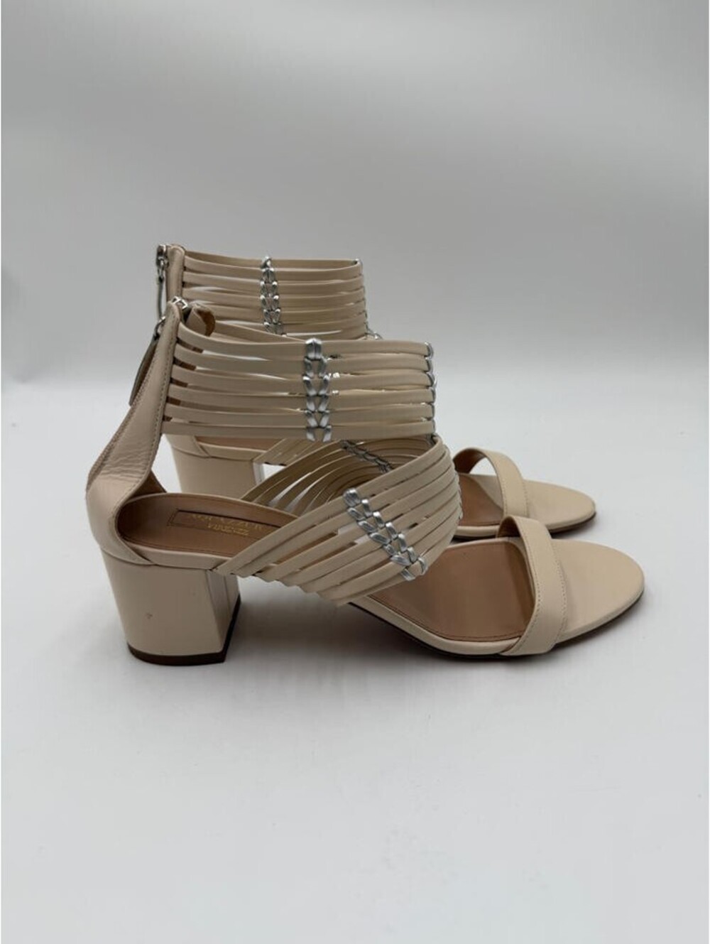Aquazzura RAVELLO Beige Leather Open Toe Block Heel Strappy Back Zip Sandals, 38